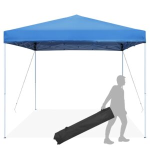 f2c foldable adjustable 10x10 ft pop up canopy tent, outdoor waterproof sun protection shelter with wheeled carry bag for camping picnic wedding party, blue