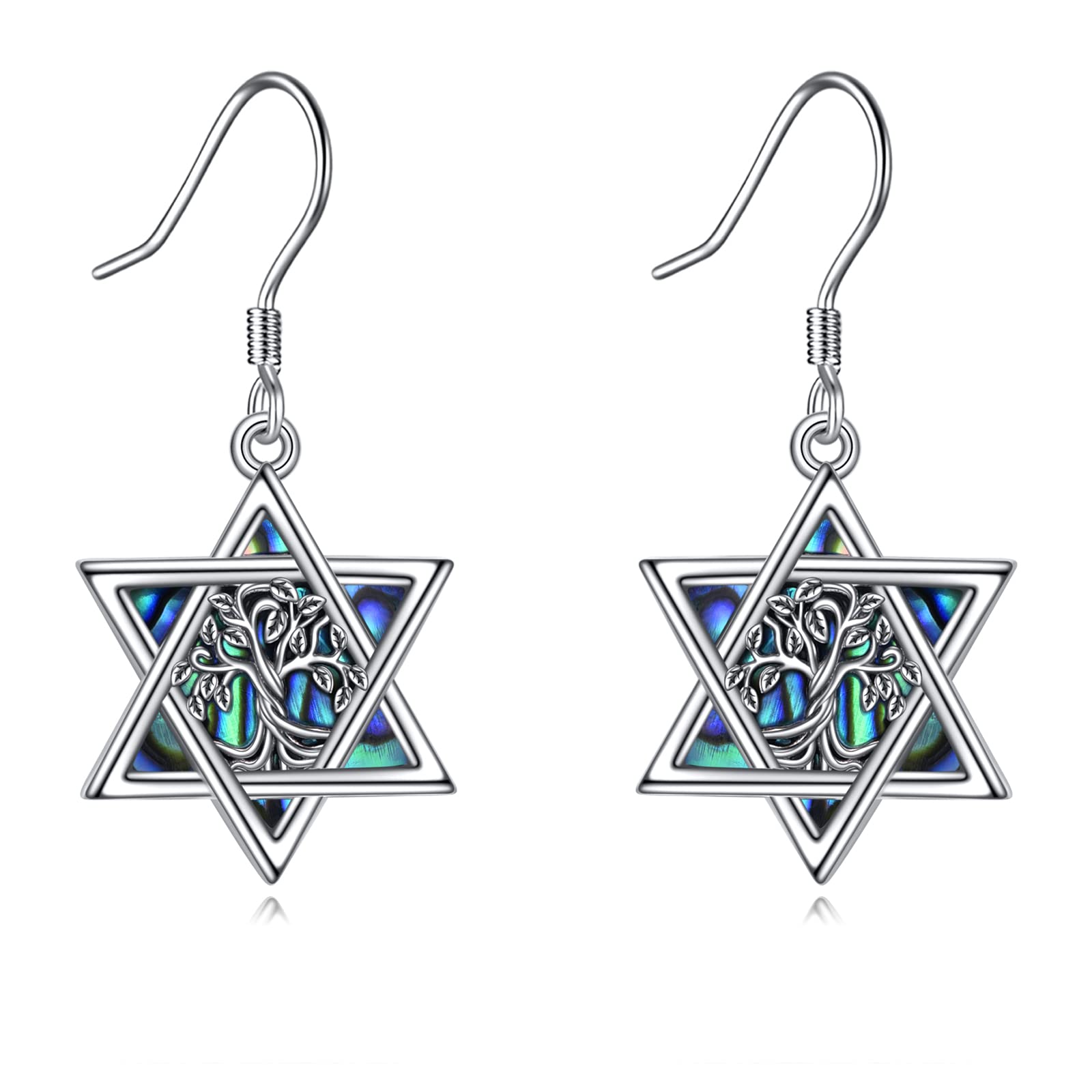 YFN Star of David Earrings Sterling Silver Tree of Life Dangle Earrings Abalone Shell Jewish Jewelry Gifts for Women Star Of David Jewelry for Hanukkah