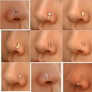 Sither 9 pieces Nose Rings Cuff for Women and Men Faux Nose Rings Clip Non Piercing Fake Nose Rings Pack Body Piercing Jewelry for Gift (gold)