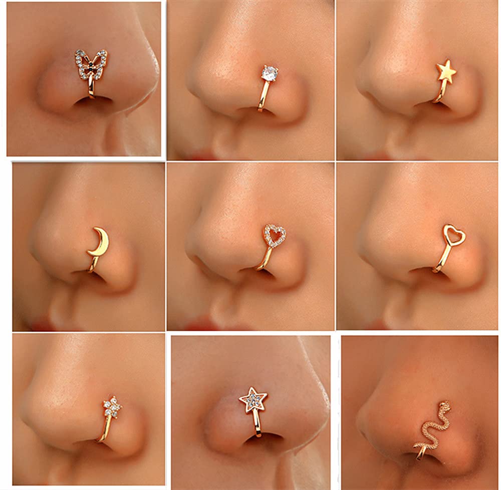 Sither 9 pieces Nose Rings Cuff for Women and Men Faux Nose Rings Clip Non Piercing Fake Nose Rings Pack Body Piercing Jewelry for Gift (gold)