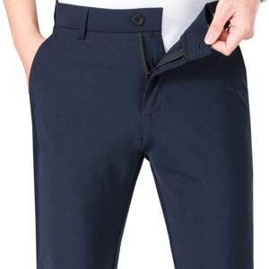 LUSHENUNI Men's Golf Pants Slim High Stretch, Ice Silk Dress Pants with Expandable-WAIS Pants (33, Blue)