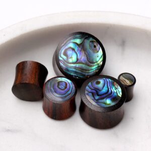 Pierced Owl Organic Sono Wood with Abalone Inlay Saddle Plugs, Sold as a Pair (10mm (00GA))