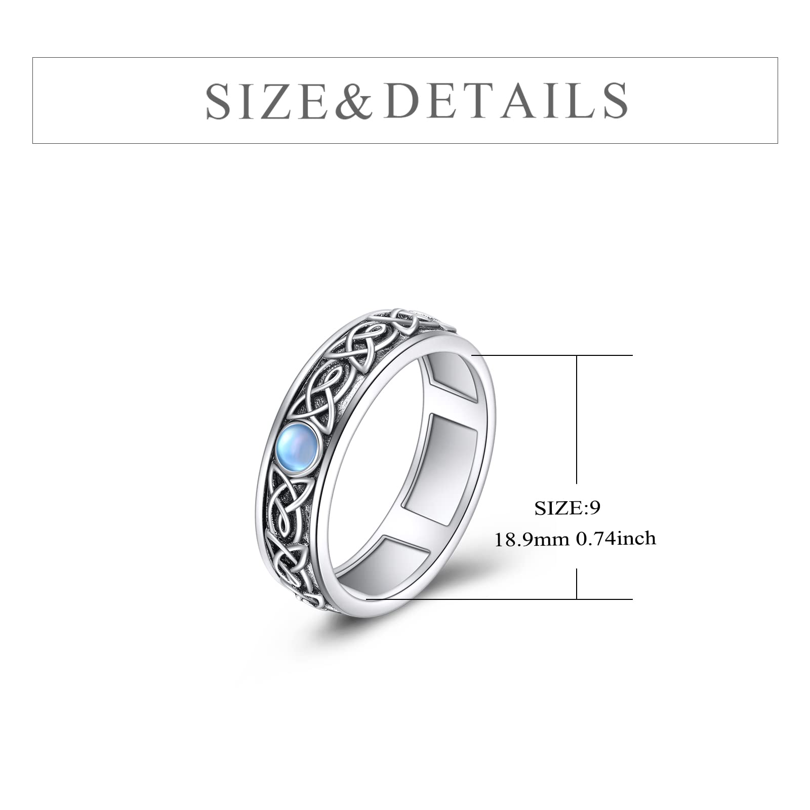 POPLYKE Sterling Silver Anxiety Spinner Rings Moonstone Celtic Ring Rotatable Mood Rings for Women Men Relieve Stress Gift（9 Size）