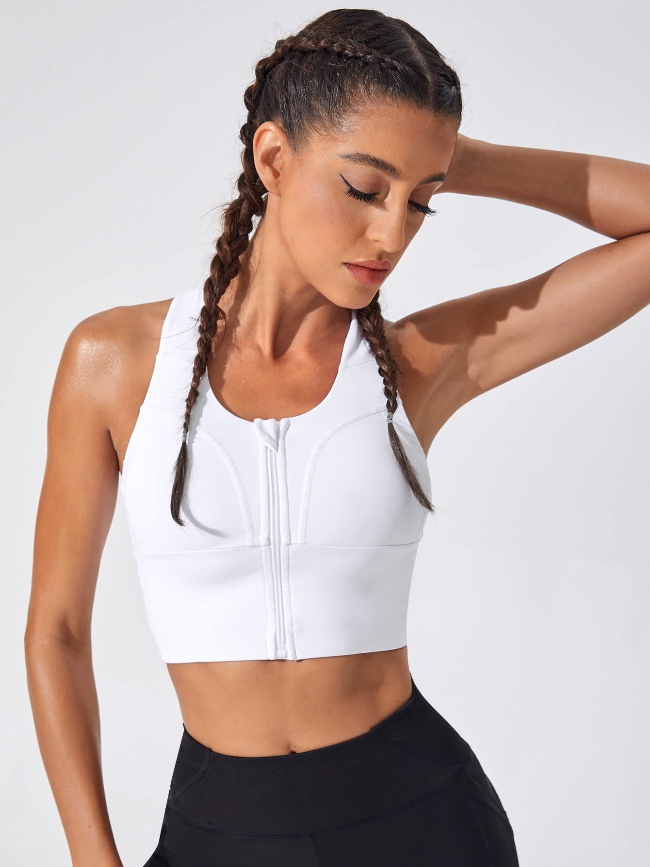 Verdusa Women's Zip Up Front Criss Cross Back Workout Sport Bra Tank Top White M