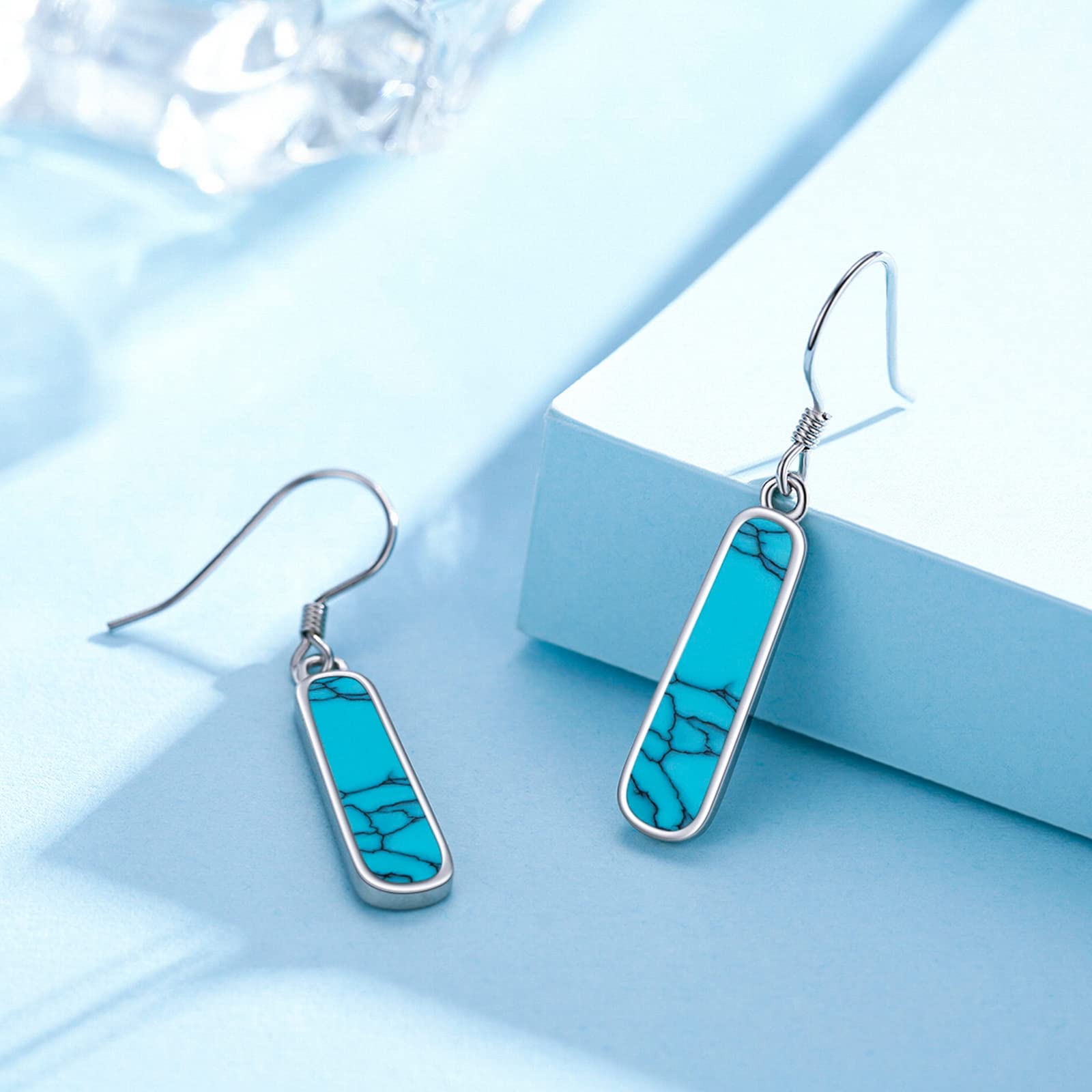 Turquoise Dangle Earrings, Rectangle Turquoise Leverback Earrings S925 Sterling Silver Gemstone Earrings Jewelry for Women