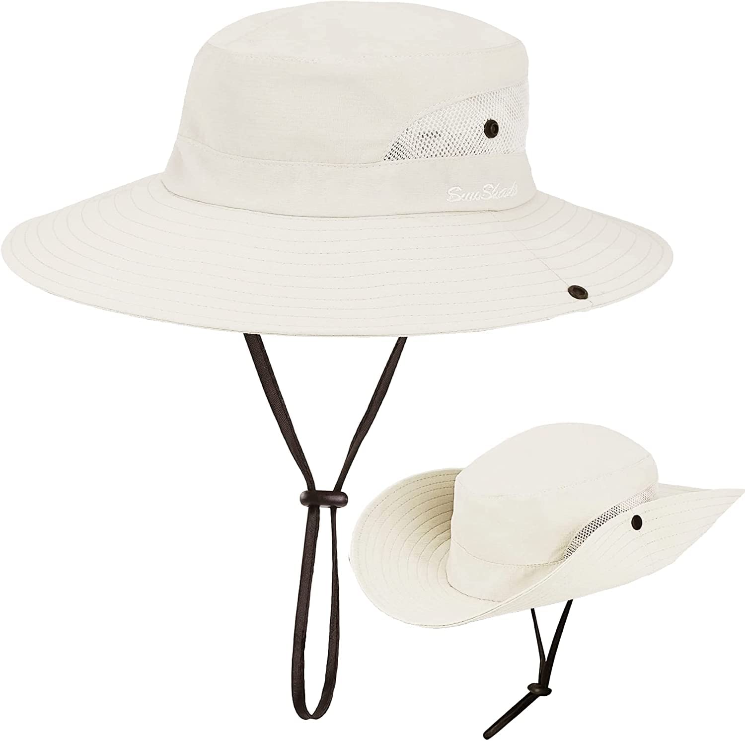 Women's Sun-Hat UV-Protection-Foldable Mesh Wide-Brim Outdoor Summer Beach Fishing Hat with Ponytail-Hole (One Size, Beige)