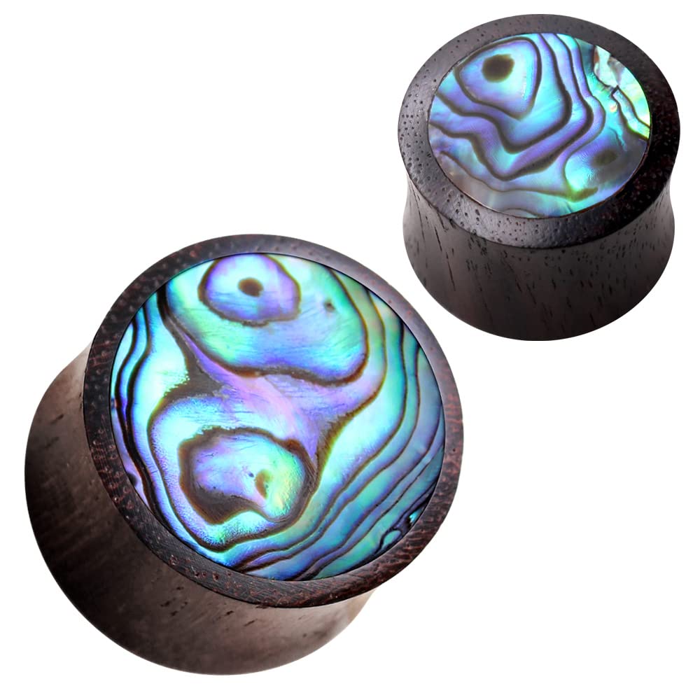 Pierced Owl Organic Sono Wood with Abalone Inlay Saddle Plugs, Sold as a Pair (10mm (00GA))