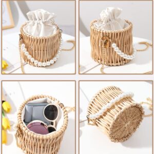 Straw Beach Pearl Bag Purse Bag for Women Vacation Handmade Basket Tote Bamboo Should Bag Handbag Best Gift for Girls Wife