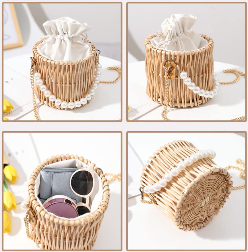 Straw Beach Pearl Bag Purse Bag for Women Vacation Handmade Basket Tote Bamboo Should Bag Handbag Best Gift for Girls Wife