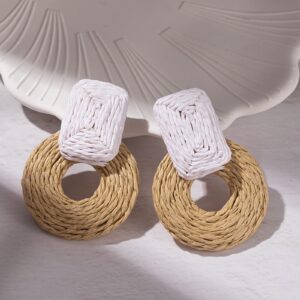 Statement Raffia Earrings Cute Boho Earrings Rattan Dangle Earrings Handmade Straw Wrap Earrings Summer Drop Dangling Earrings for Women(White/Nature)