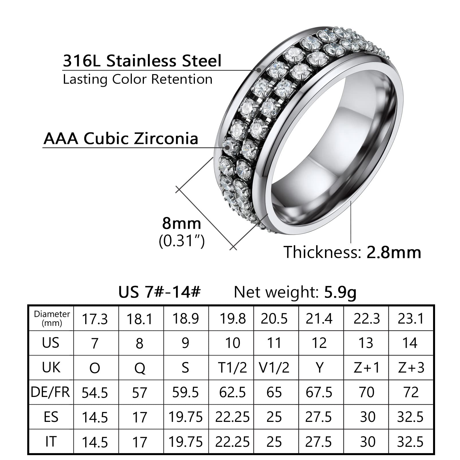 PROSTEEL Custom Cubic Zirconia Stress Pinky Rings Size 7 Stainless Steel Spinner Anxiety Ring For Women