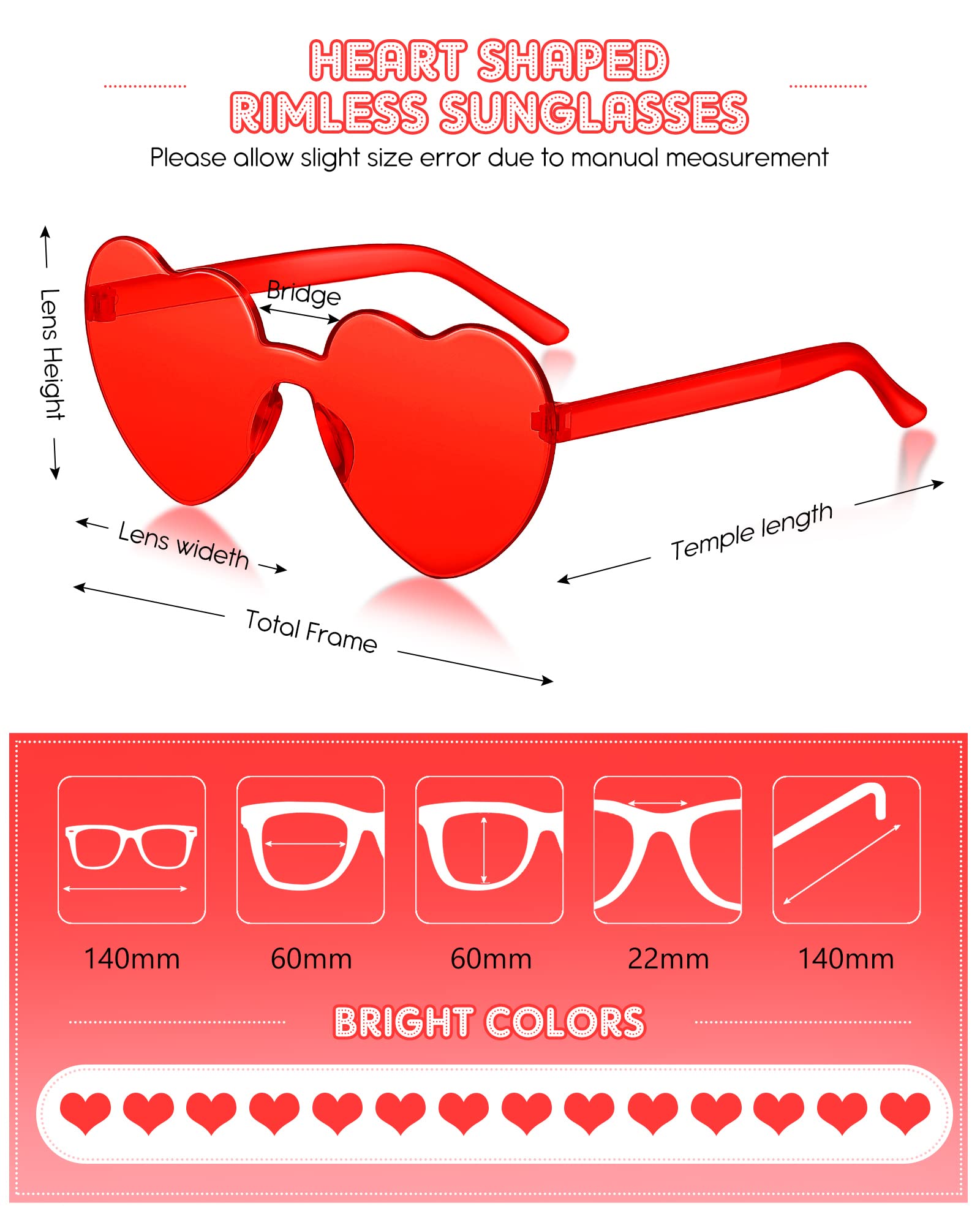 TOODOO 14 Pairs Heart Shaped Sunglasses for Women Girls Heart Sunglasses Rimless Transparent Glasses Bulk for Party Favors(Red)