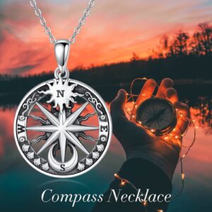 PROESS Compass Necklace Sterling Silver Sun and Moon Compass Pendant Necklace Inspirational Nautical Compass Jewelry Gifts for Women Men Graduation