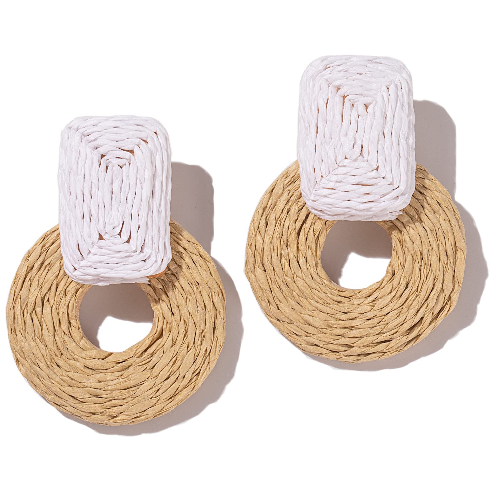 Statement Raffia Earrings Cute Boho Earrings Rattan Dangle Earrings Handmade Straw Wrap Earrings Summer Drop Dangling Earrings for Women(White/Nature)