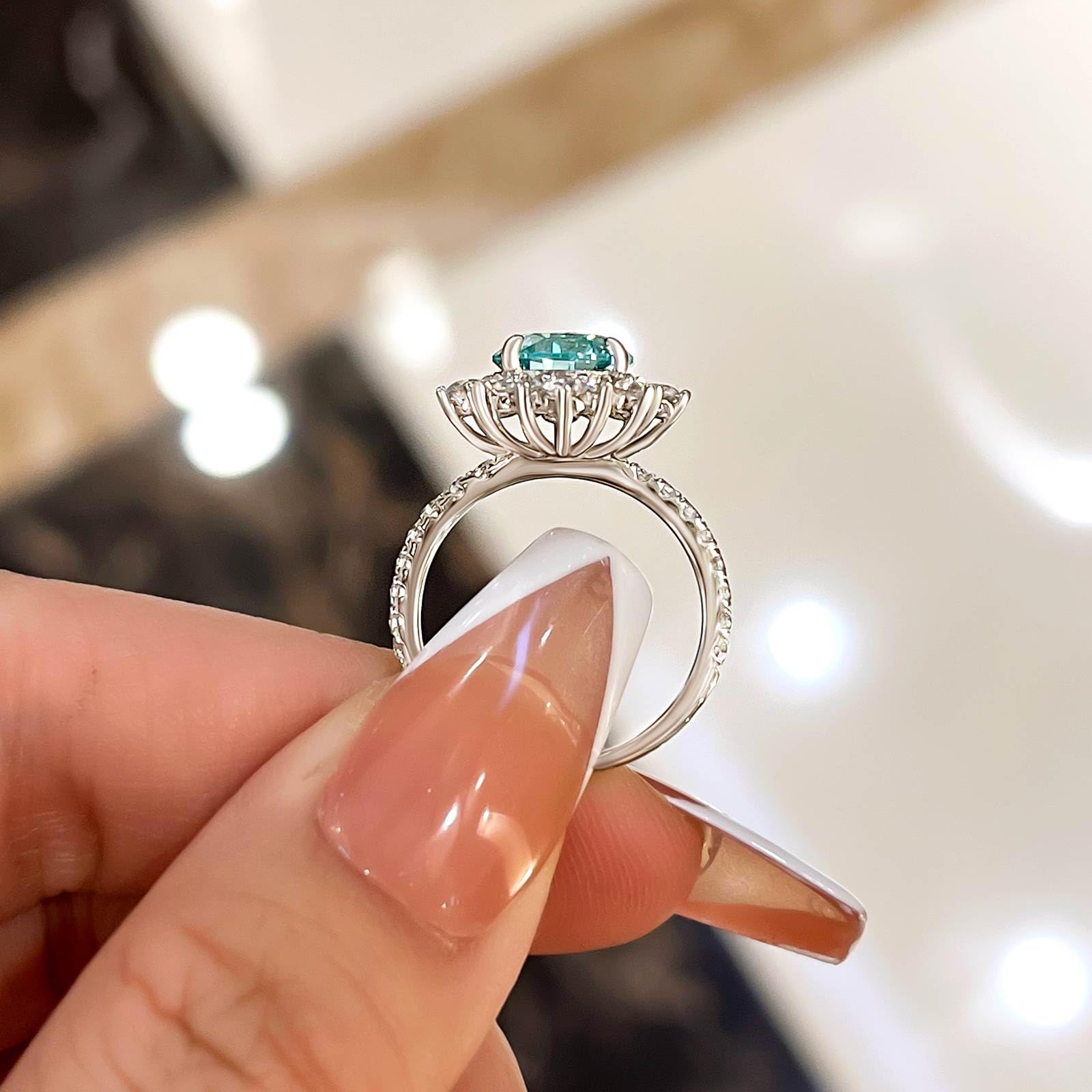 Effinny Moissanite Engagement Ring Snowflake Design Halo Round Cyan Blue Promise Ring for Her 925 Sterling Silver 18K White Gold Plated Anniversary Ring (Size : 7)