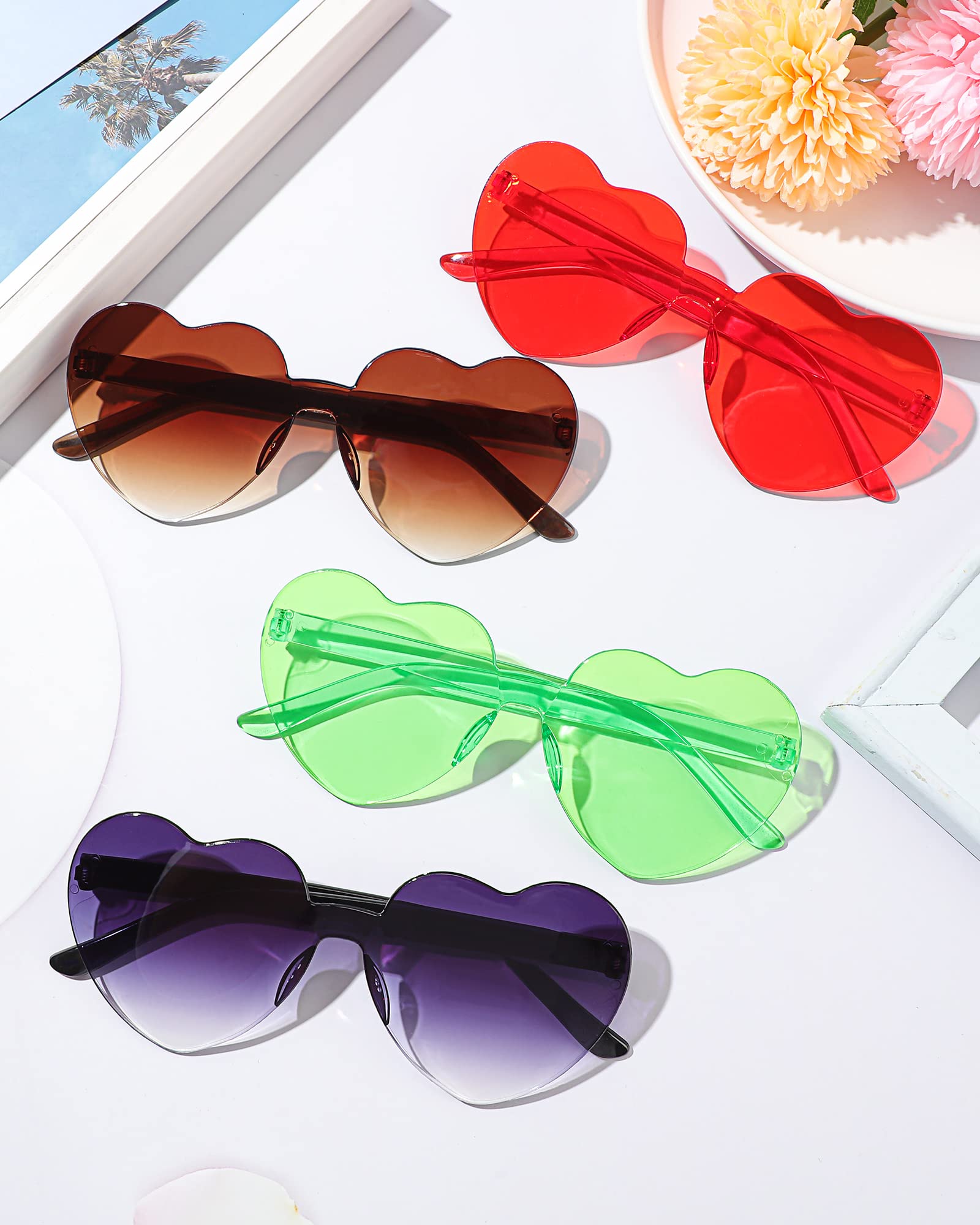 CHENGU 12 Pairs Summer Heart Rimless Sunglasses for Women Transparent Trendy Heart Sunglasses, Bachelorette Party(Bright Colors)