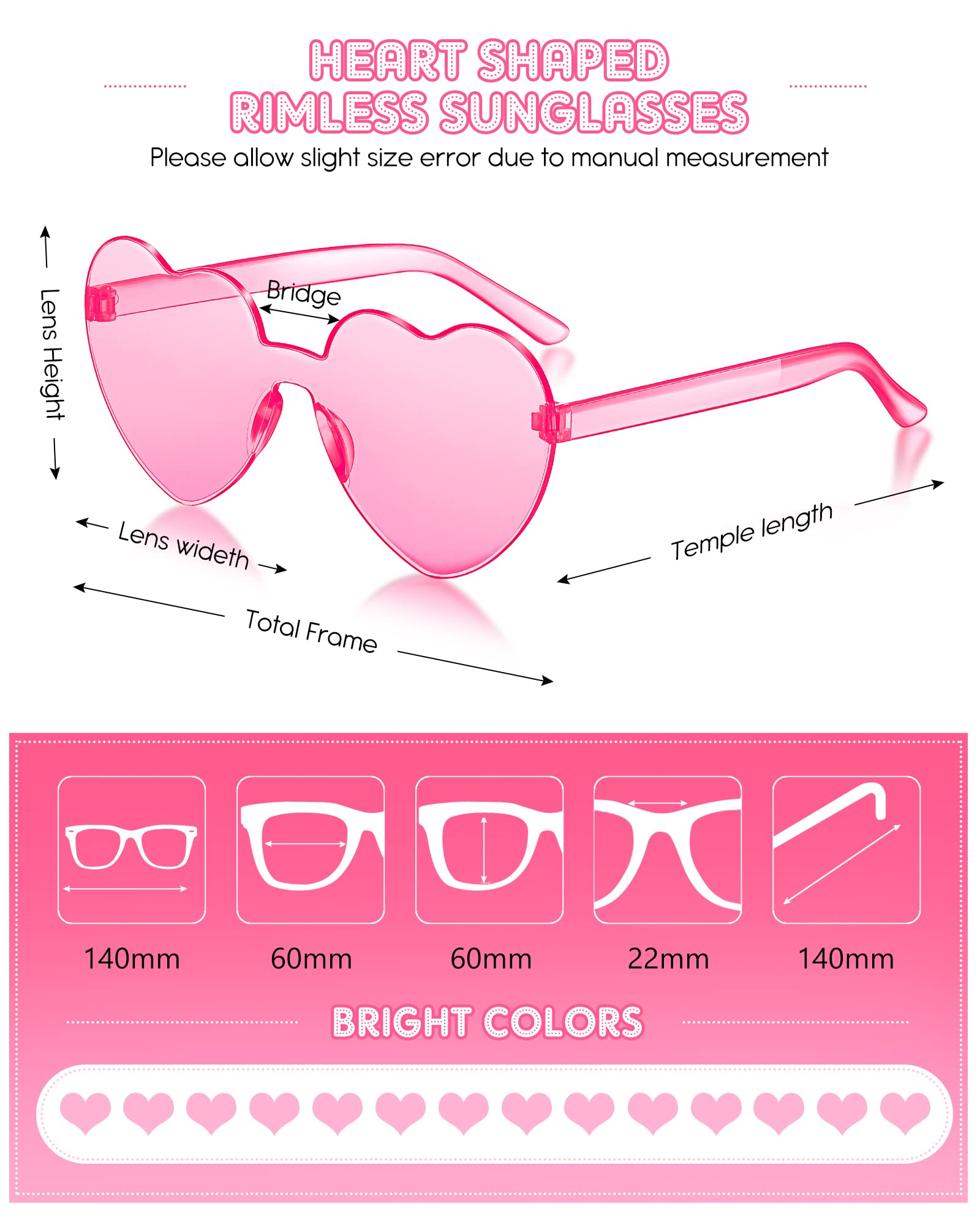 TOODOO 14 Pairs Heart Shaped Sunglasses for Women Girls Heart Sunglasses Rimless Transparent Glasses Bulk for Party Favors(Pink)