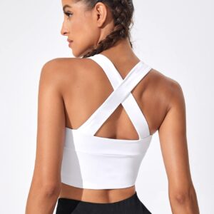 Verdusa Women's Zip Up Front Criss Cross Back Workout Sport Bra Tank Top White M