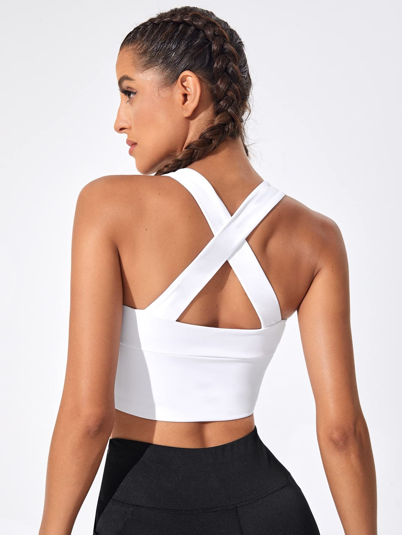 Verdusa Women's Zip Up Front Criss Cross Back Workout Sport Bra Tank Top White M