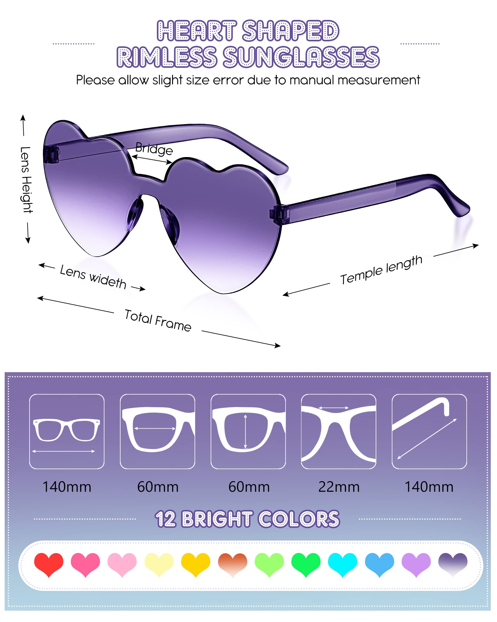 CHENGU 12 Pairs Summer Heart Rimless Sunglasses for Women Transparent Trendy Heart Sunglasses, Bachelorette Party(Bright Colors)