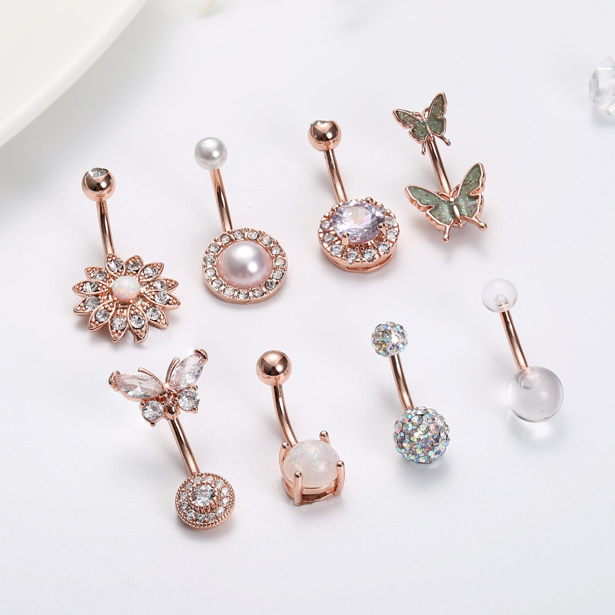 Dochais 8PCS Belly Button Ring, Surgical Steel Belly Rings for Women Stainless Steel Opal Pearl Sparkling CZ Belly Piercing Jewelry Sunflower Butterfly Piercing Jewelry Rose Gold