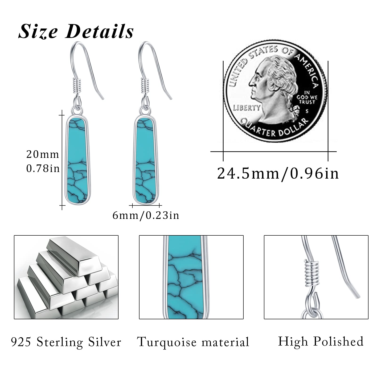 Turquoise Dangle Earrings, Rectangle Turquoise Leverback Earrings S925 Sterling Silver Gemstone Earrings Jewelry for Women