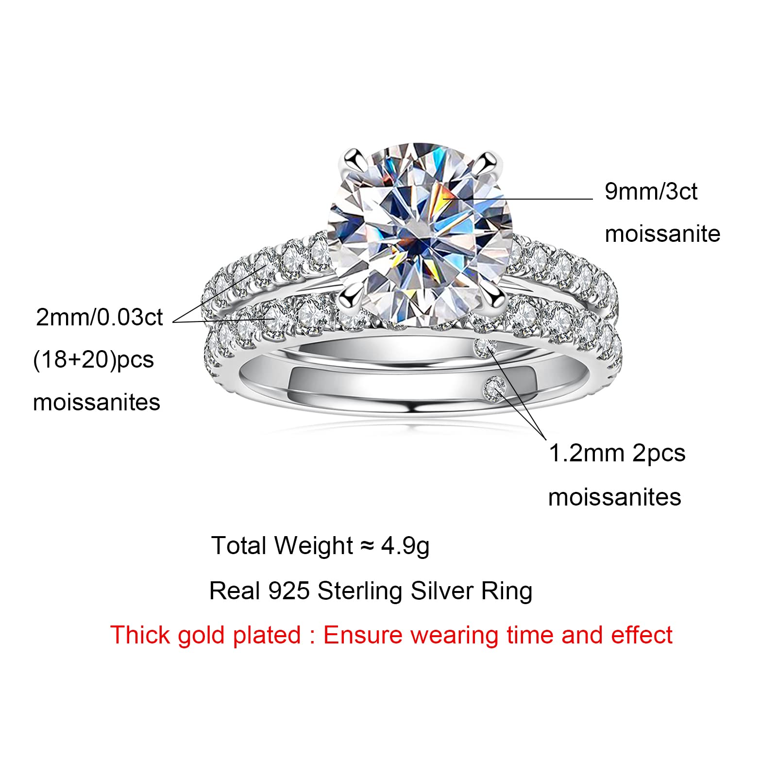 AnuClub 4ct Moissanite Engagement Rings Wedding Band D Color VVS1 Round Cut 925 Sterling Silver Bridal Sets, Christmas Gift for Women 7