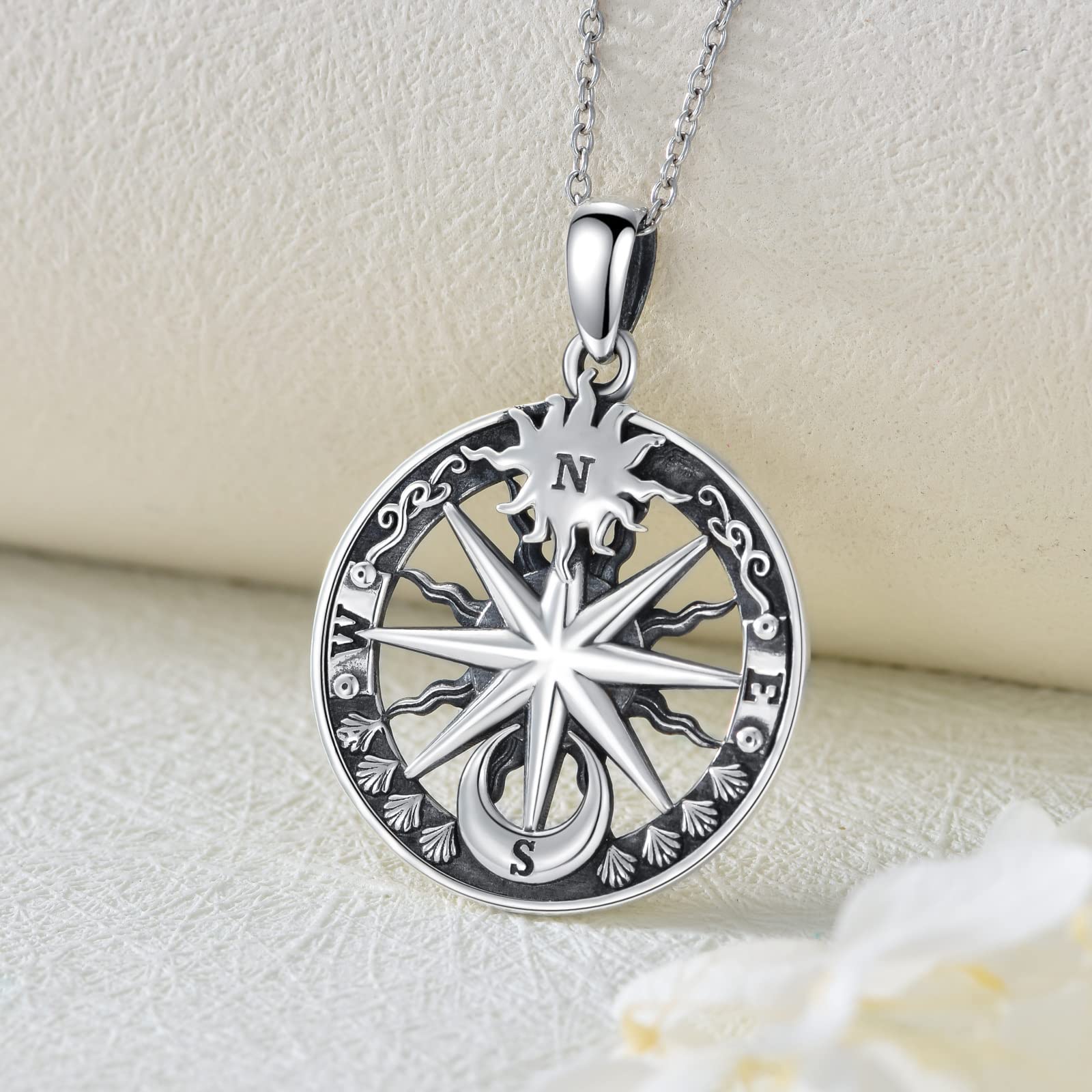 PROESS Compass Necklace Sterling Silver Sun and Moon Compass Pendant Necklace Inspirational Nautical Compass Jewelry Gifts for Women Men Graduation