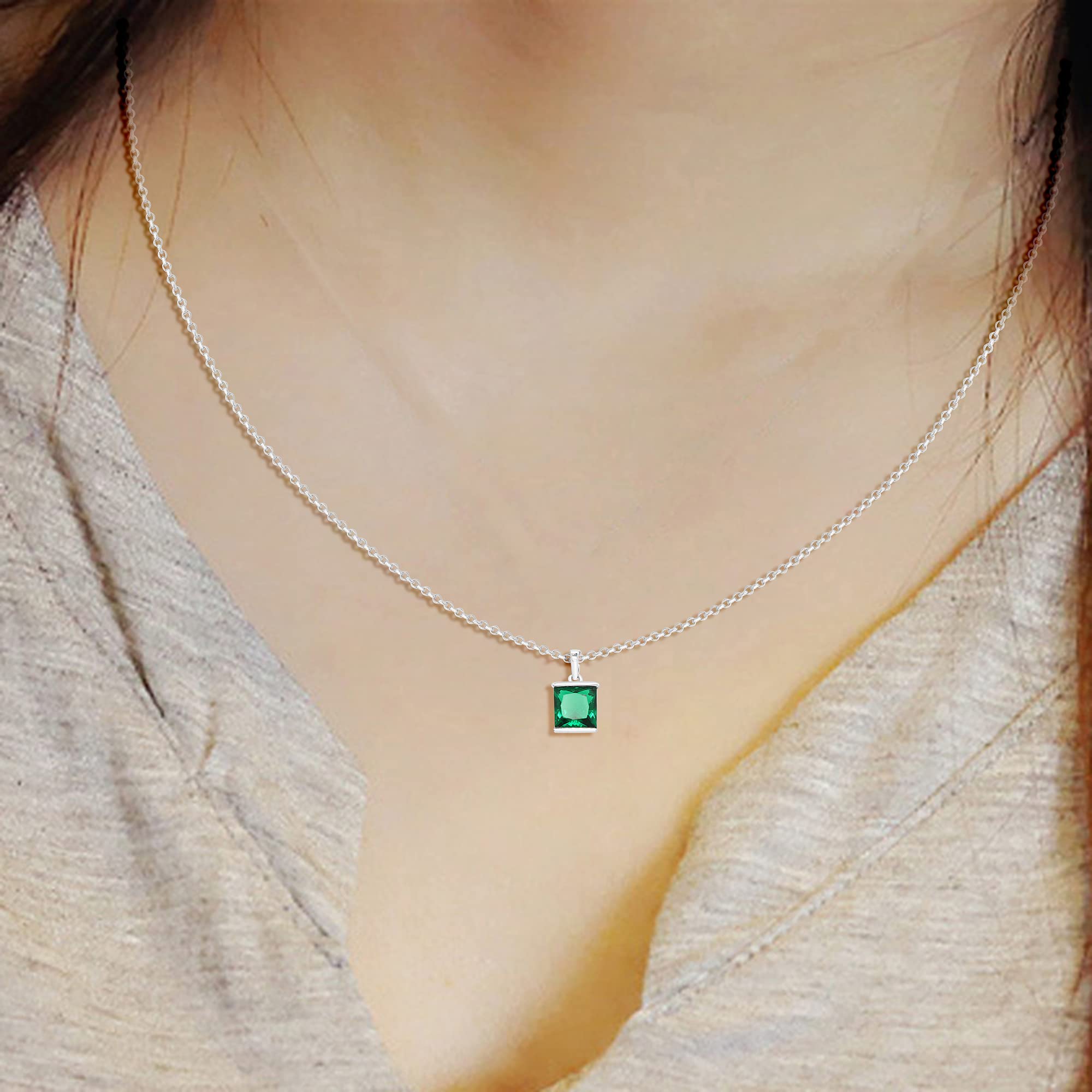 Shineadime Solitaire Pendant Necklace - Princess Cut Simulated Emerald Bar Set Along With 18" Chain In 14k White Gold Over Sterling Silver Jewelry for Women