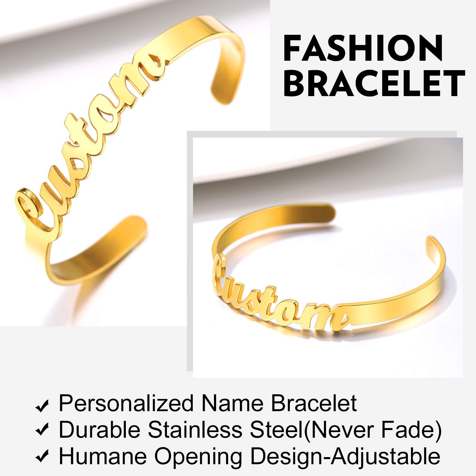 Bandmax Customized Name Hollow Bangle Bracelet Personalized Name Cuff Bracelet Stainless Steel Bracelet Custom Any Name Jewelry Custom Gift for Women Birthday Gift