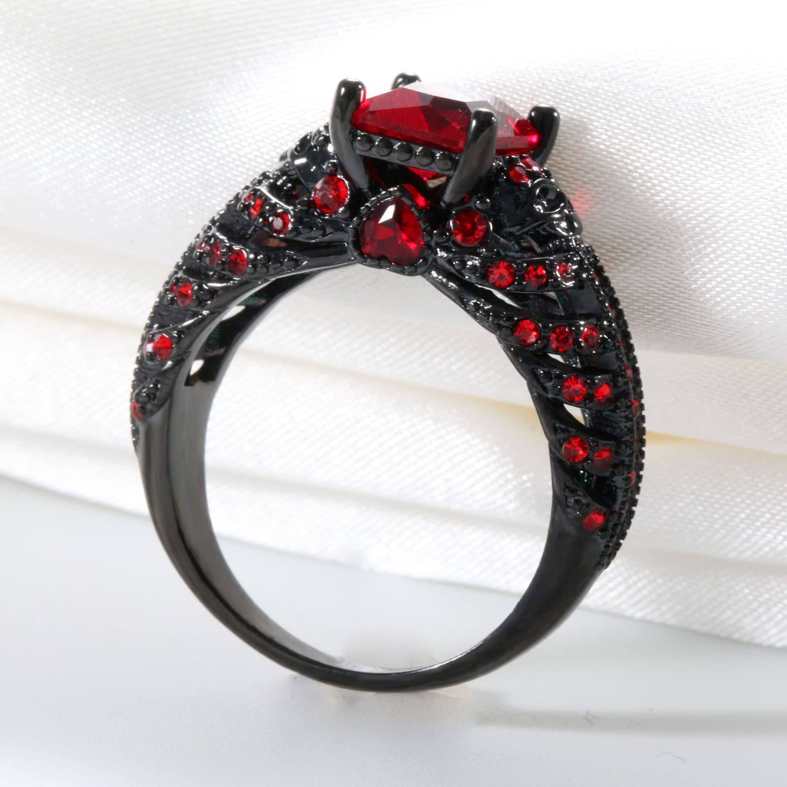 Ringcrown Couple Rings Matching Ring Black Skull Ring Red CZ Womens Wedding Ring Punk Ring