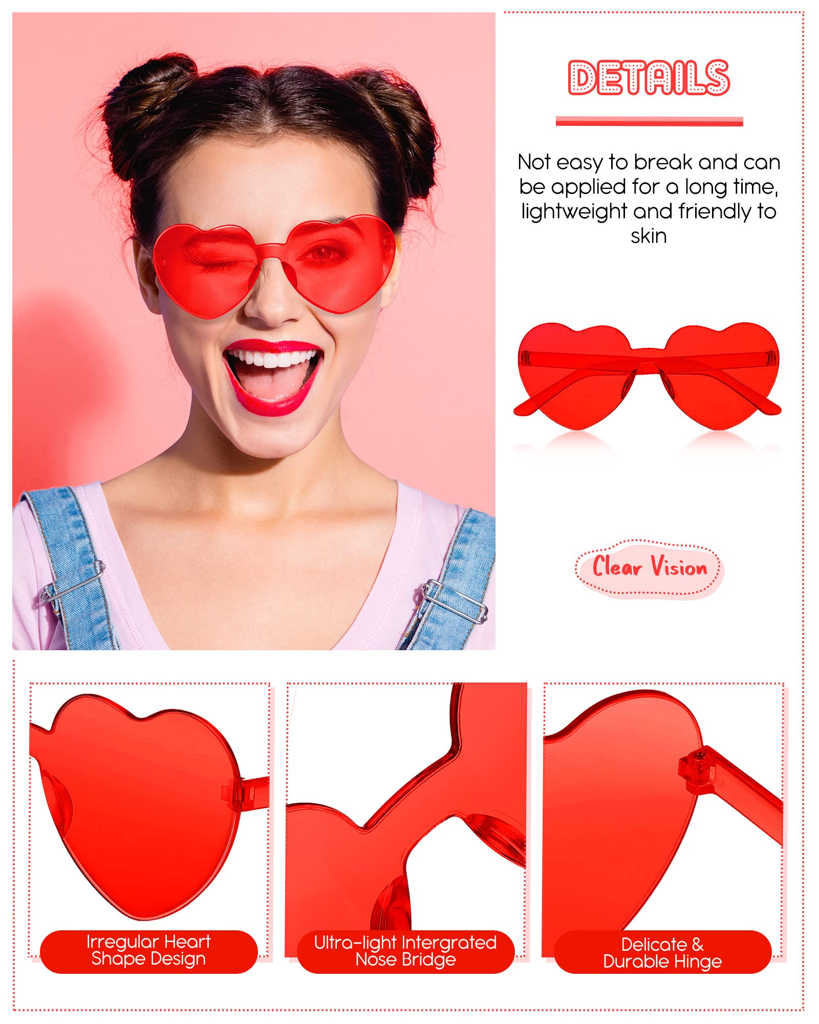 TOODOO 14 Pairs Heart Shaped Sunglasses for Women Girls Heart Sunglasses Rimless Transparent Glasses Bulk for Party Favors(Red)