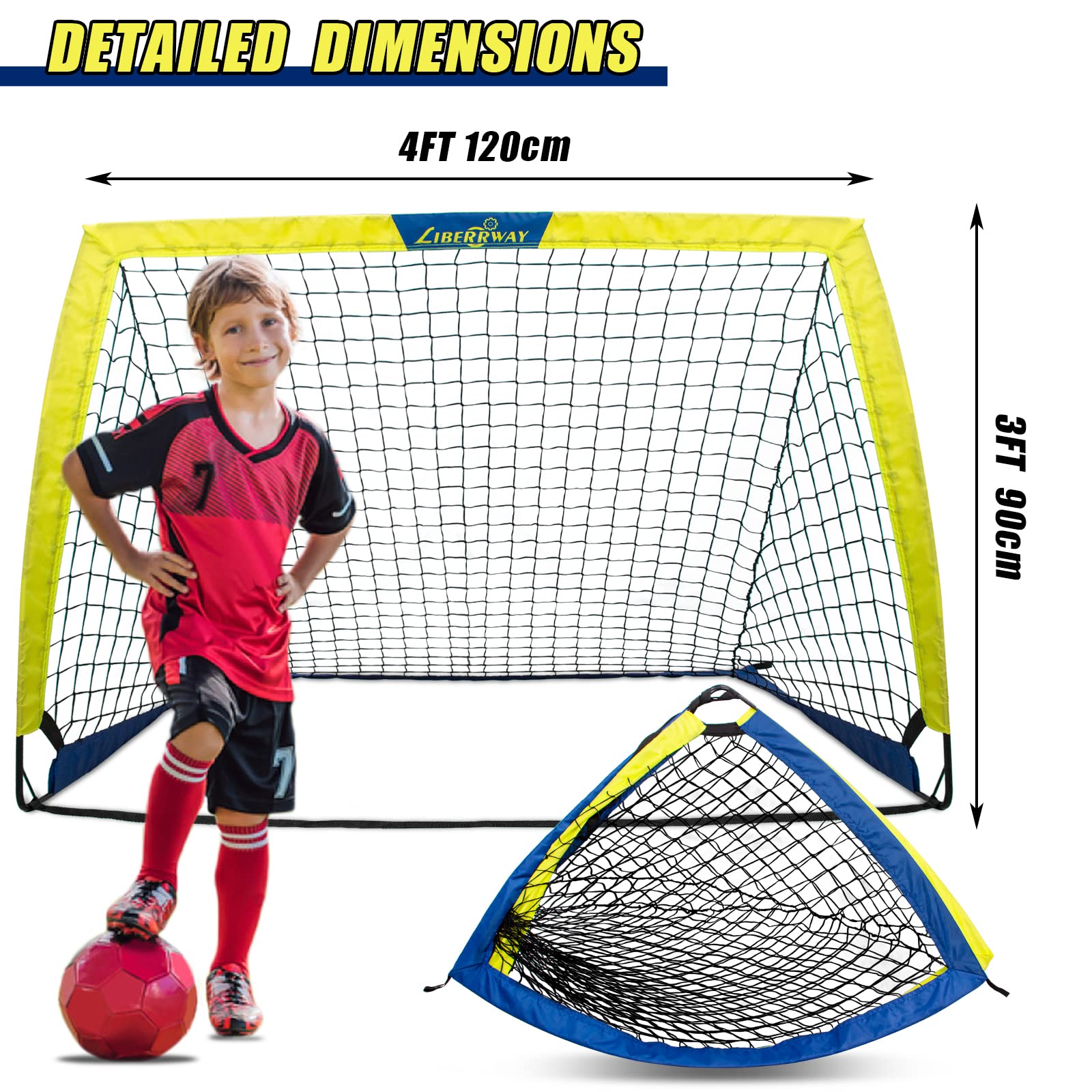 LIBERRWAY Soccer Goal 4'x 3' Portable Kids Soccer Goals for Backyard or Indoor Pop Up Soccer Net with 6 Training Cones, Carrying Bag, 8 Ground Stakes, 2 Set