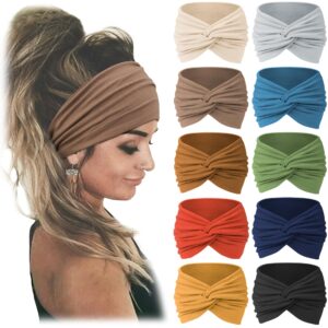 jesries 10 pcs women headbands african wide hair wrap extra turban head bands for lady large sport workout stretch non-slip big hair bands