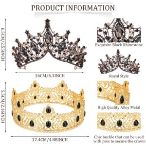 Ferraycle 2 Pcs Crowns for Men Women King Royal Crown with Black Rhinestone Crystal Queen Royal Round Crown Halloween Medieval Princess Costume for Wedding Homecoming Prom Party Decorations