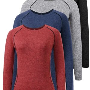 Star Vibe Dry Fit Long Sleeve Tshirt for Women Moisture Wicking Long Sleeve Tee Outdoor Compression Running Workout Tops 4 Pack Black/Grey/Navy/Wine red L