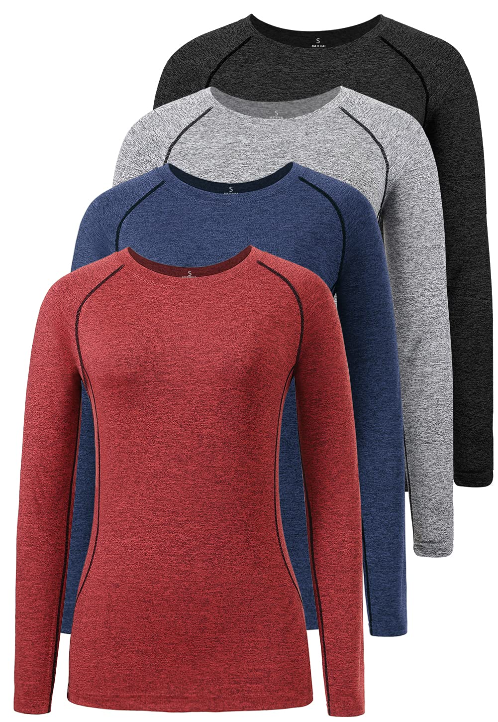 Star Vibe Dry Fit Long Sleeve Tshirt for Women Moisture Wicking Long Sleeve Tee Outdoor Compression Running Workout Tops 4 Pack Black/Grey/Navy/Wine red L