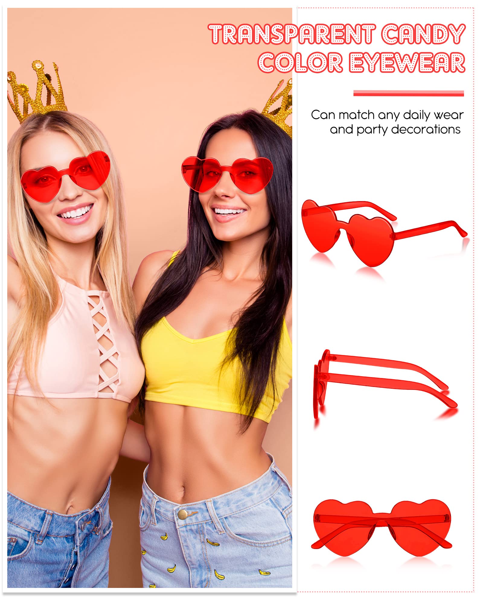 TOODOO 14 Pairs Heart Shaped Sunglasses for Women Girls Heart Sunglasses Rimless Transparent Glasses Bulk for Party Favors(Red)