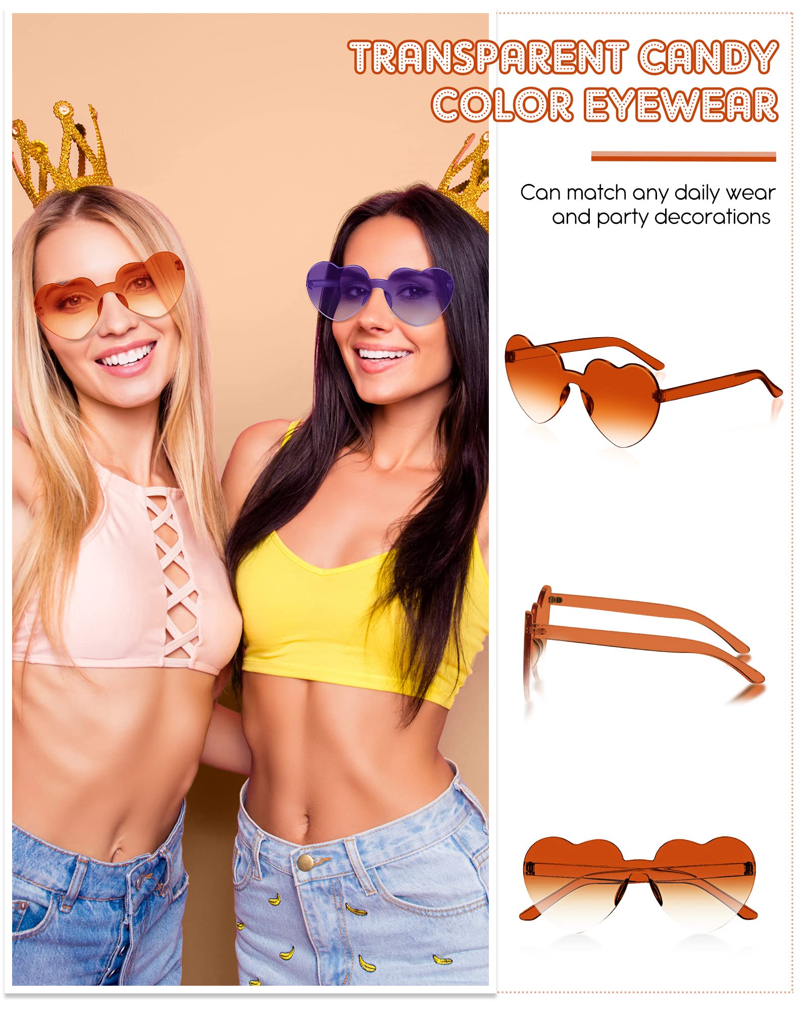 CHENGU 12 Pairs Summer Heart Rimless Sunglasses for Women Transparent Trendy Heart Sunglasses, Bachelorette Party(Bright Colors)