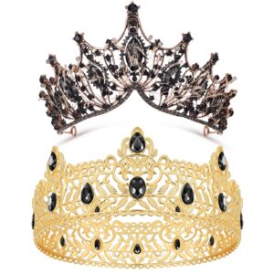 ferraycle 2 pcs crowns for men women king royal crown with black rhinestone crystal queen royal round crown halloween medieval princess costume for wedding homecoming prom party decorations