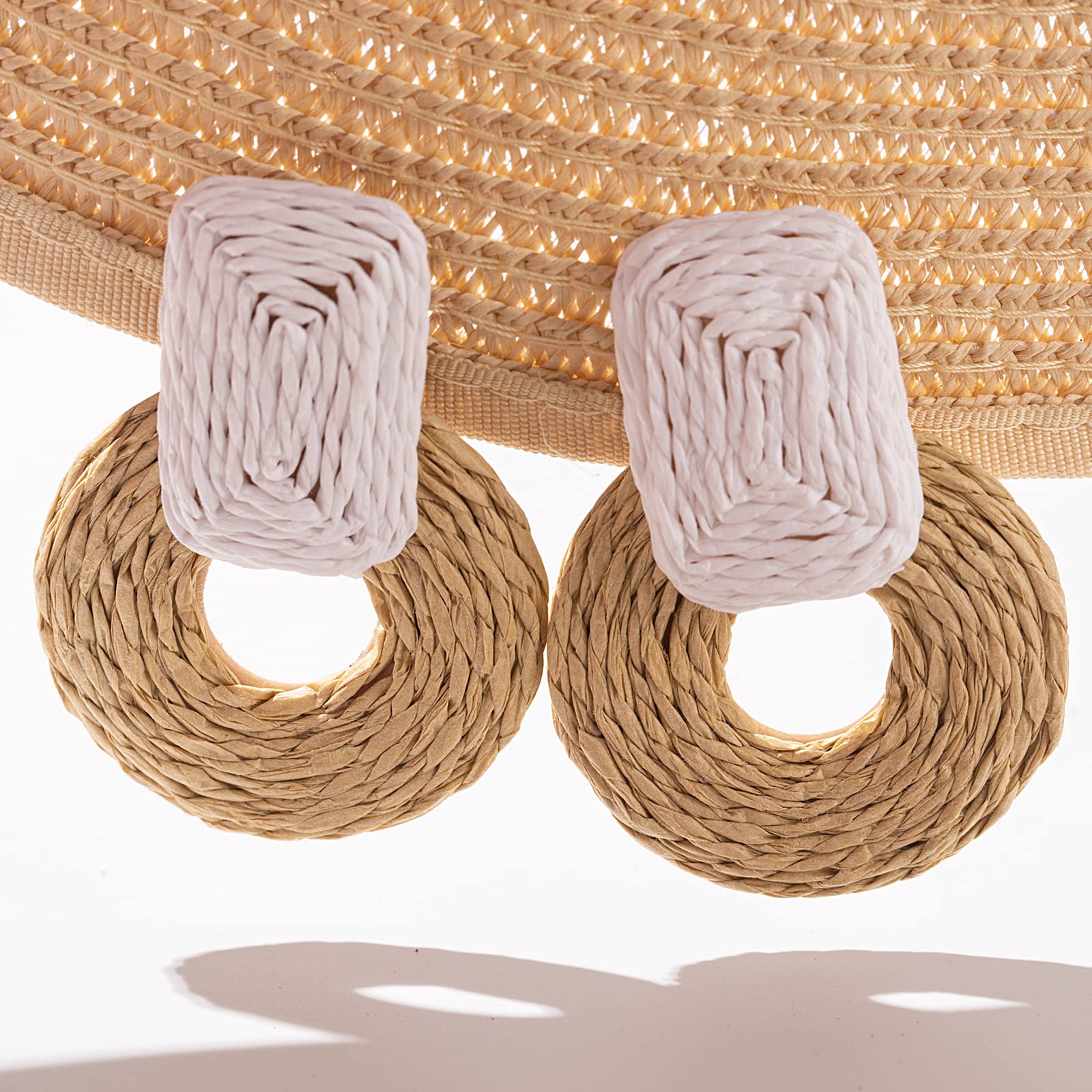 Statement Raffia Earrings Cute Boho Earrings Rattan Dangle Earrings Handmade Straw Wrap Earrings Summer Drop Dangling Earrings for Women(White/Nature)