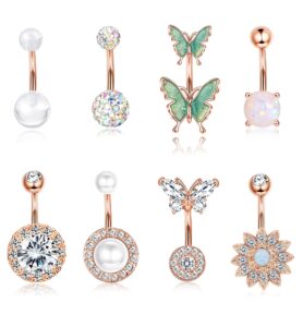 dochais 8pcs belly button ring, surgical steel belly rings for women stainless steel opal pearl sparkling cz belly piercing jewelry sunflower butterfly piercing jewelry rose gold