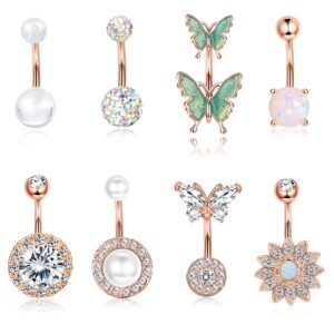 Dochais 8PCS Belly Button Ring, Surgical Steel Belly Rings for Women Stainless Steel Opal Pearl Sparkling CZ Belly Piercing Jewelry Sunflower Butterfly Piercing Jewelry Rose Gold