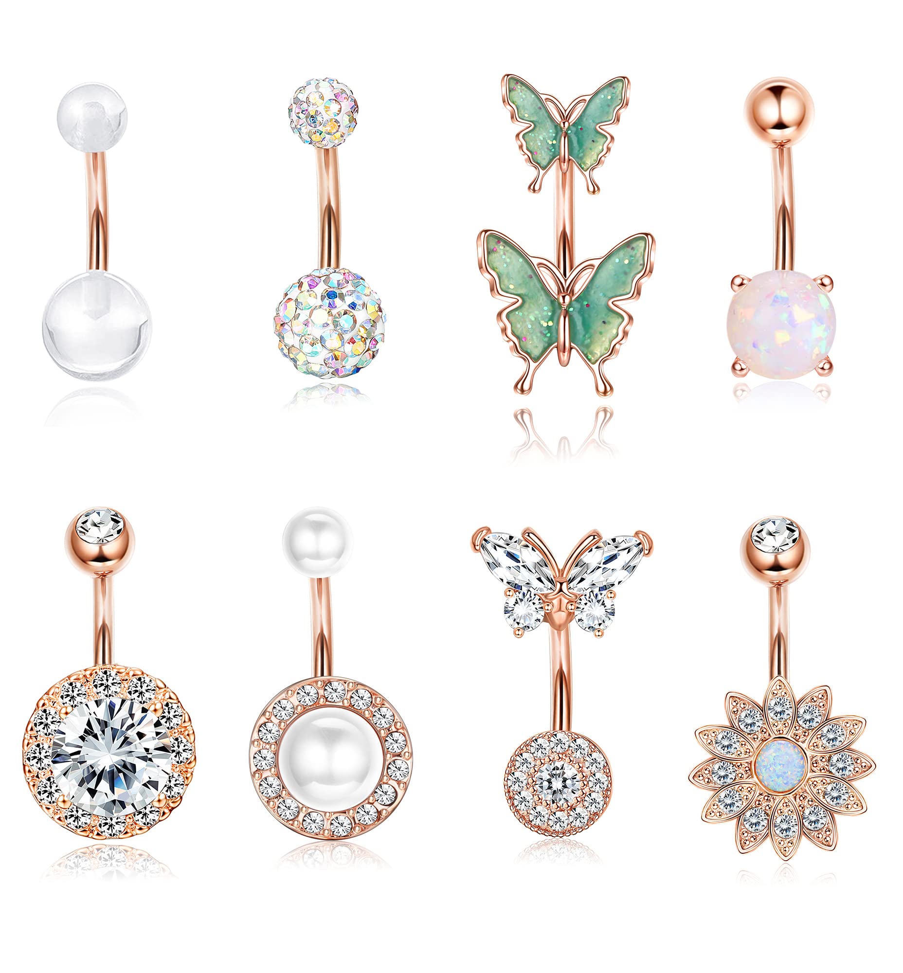 Dochais 8PCS Belly Button Ring, Surgical Steel Belly Rings for Women Stainless Steel Opal Pearl Sparkling CZ Belly Piercing Jewelry Sunflower Butterfly Piercing Jewelry Rose Gold