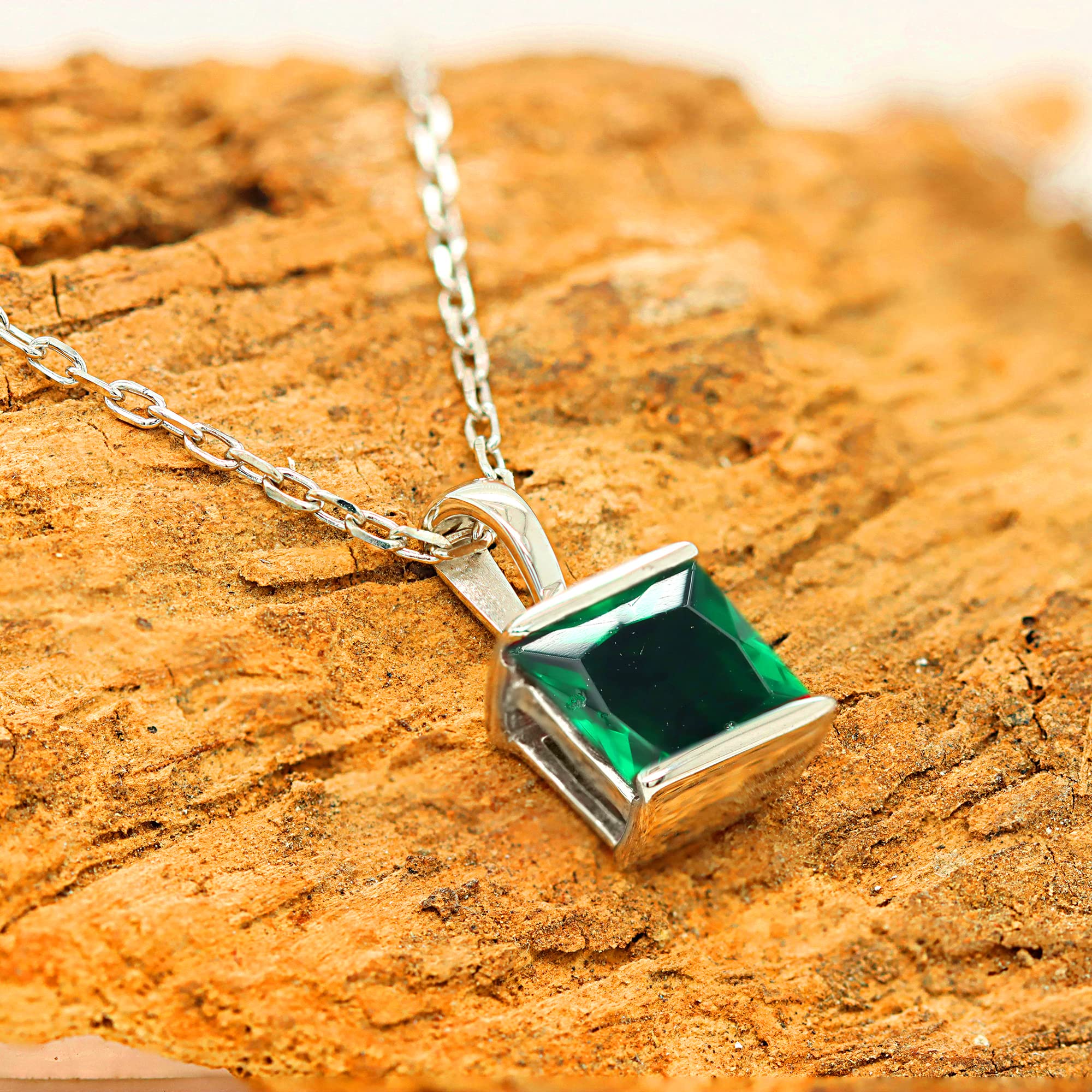 Shineadime Solitaire Pendant Necklace - Princess Cut Simulated Emerald Bar Set Along With 18" Chain In 14k White Gold Over Sterling Silver Jewelry for Women