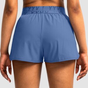 YYV Women's Running Shorts with Zipper Pockets Quick-Dry Elastic Waist Band Athletic Gym Shorts for Women with Liner(Blue S)