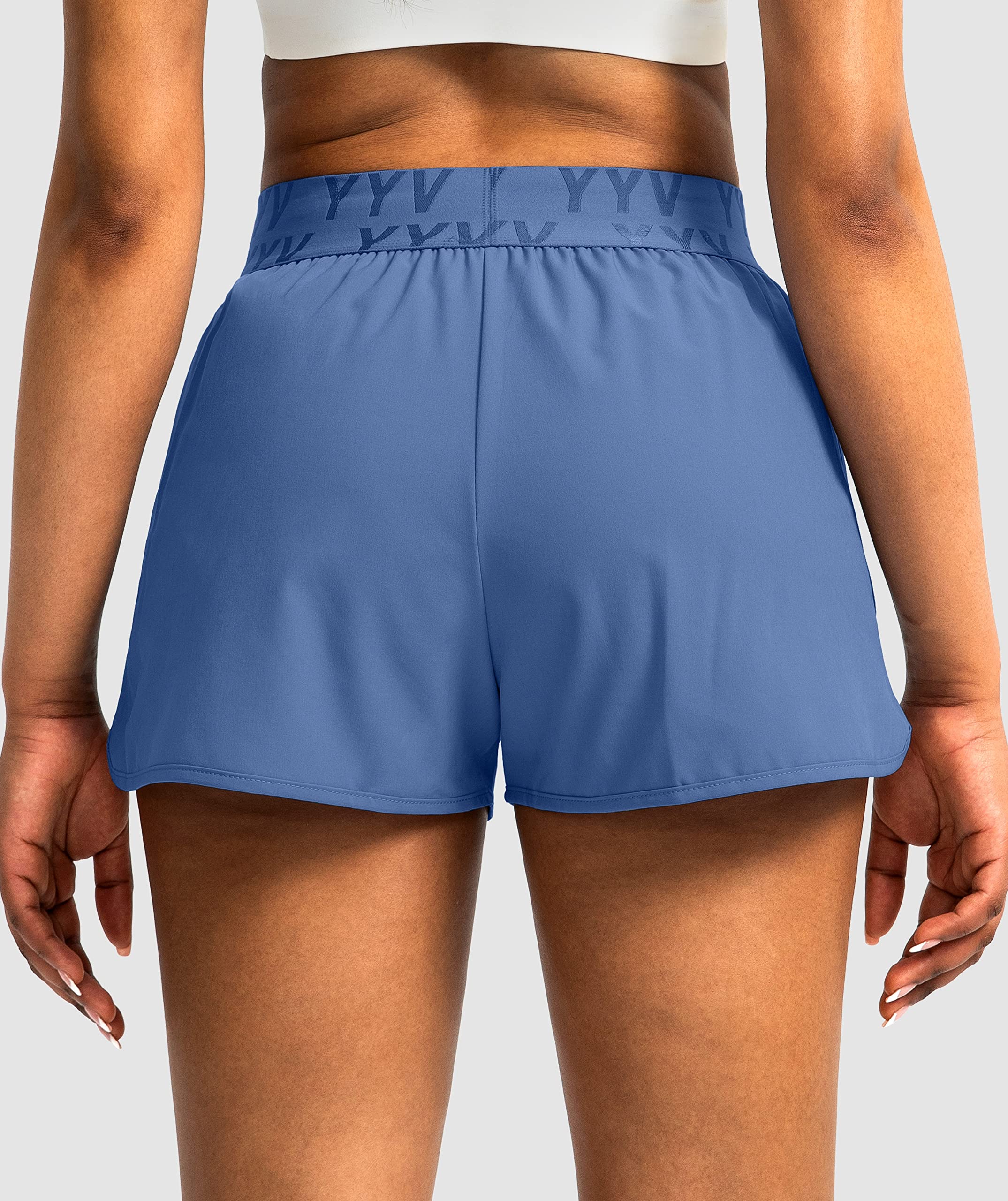 YYV Women's Running Shorts with Zipper Pockets Quick-Dry Elastic Waist Band Athletic Gym Shorts for Women with Liner(Blue S)