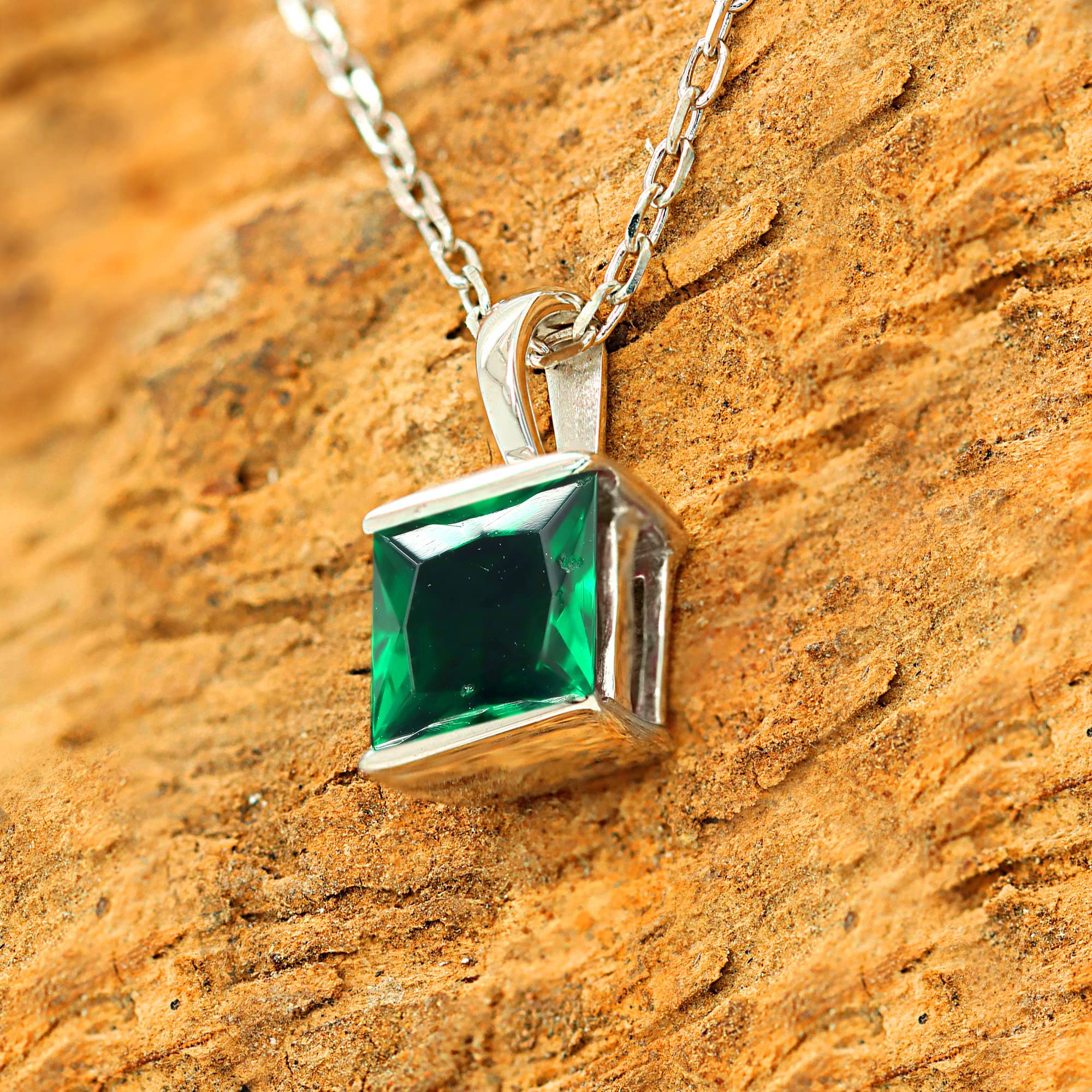 Shineadime Solitaire Pendant Necklace - Princess Cut Simulated Emerald Bar Set Along With 18" Chain In 14k White Gold Over Sterling Silver Jewelry for Women