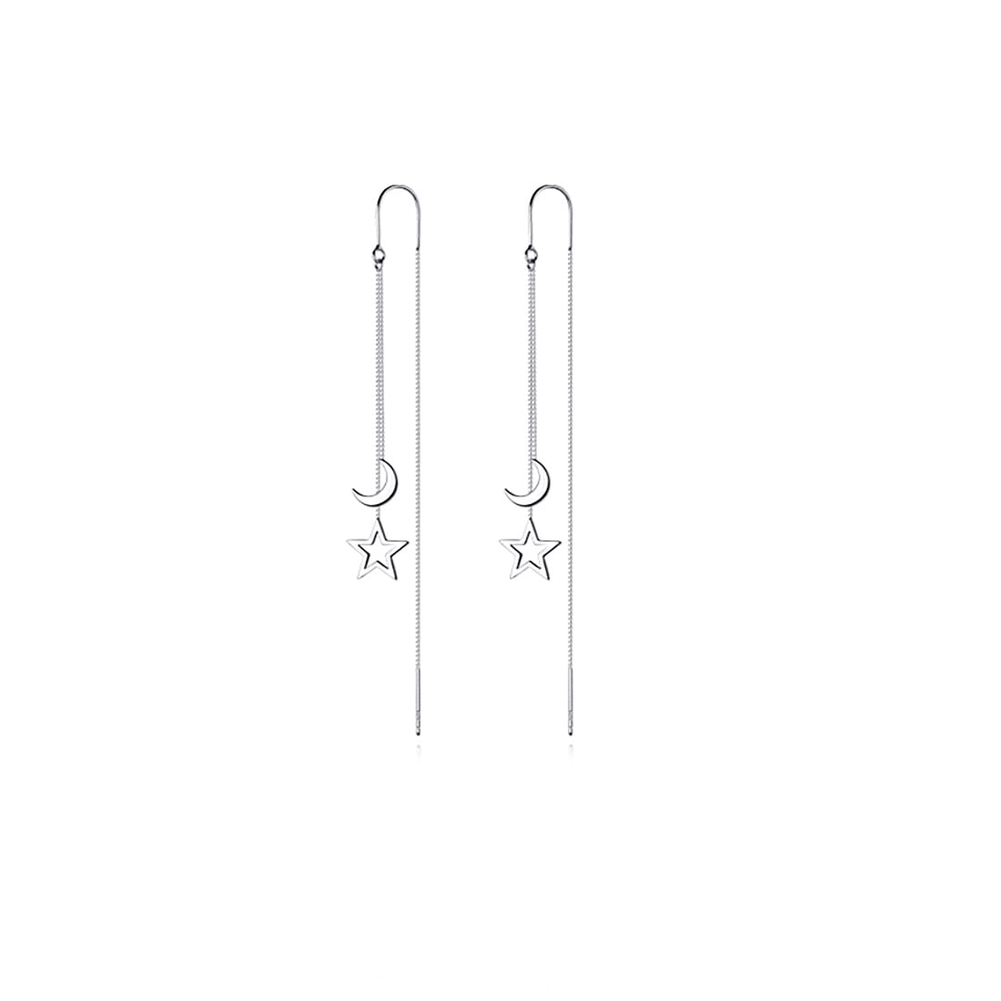 Reffeer Solid 925 Sterling Silver Moon Star Threader Dangle Earrings Chain for Women Teen Girls Long Dangle Earrings Tassel Chain (A-Silver)