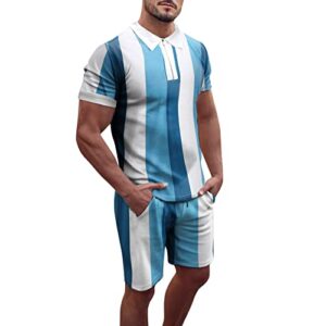 Sports Shirts for Men 2022 Casual Sport Set for Mens 2 Piece Sports Set Plaid Short Sleeve Zipper Polo Shirts & Shorts Set Training Outfits(A- Blue，X-Large)